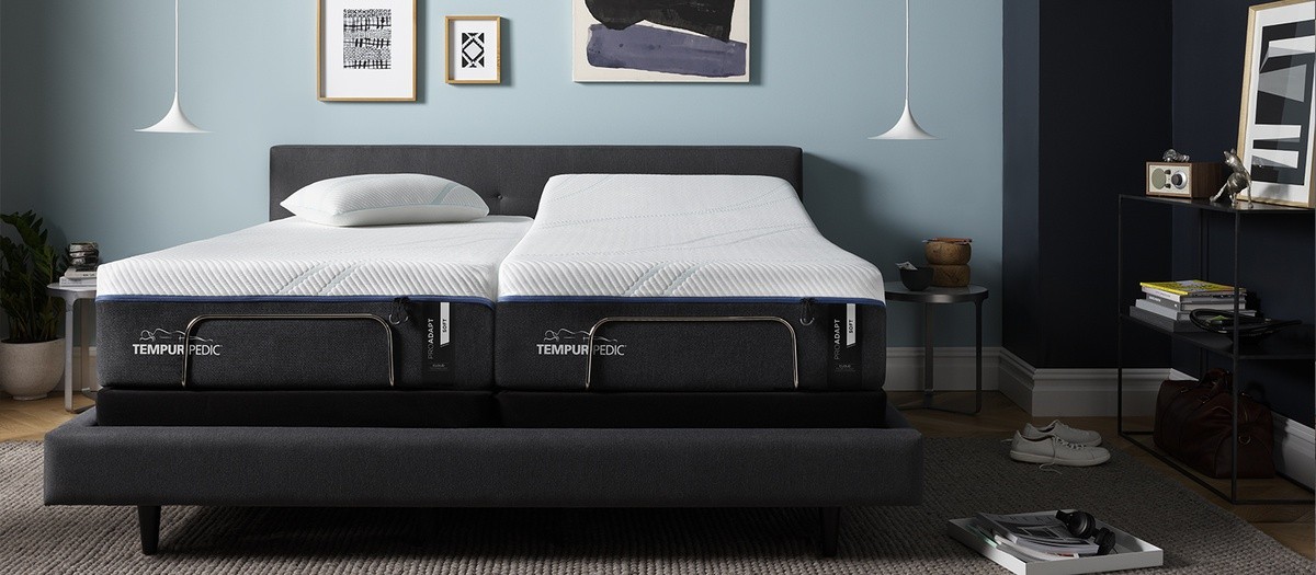 A Tempur-ProAdapt, Soft, Split-King mattress on a Split-King Tempur-Pedic Adjustable Base in a furnished room