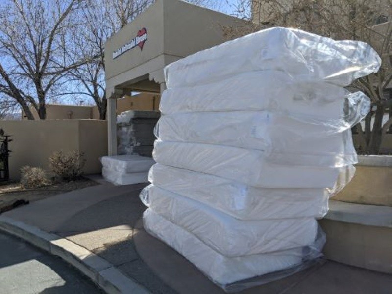 Mattresses stacked outside Ronald McDonald House