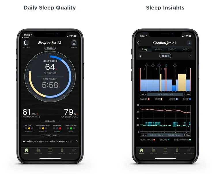 A phone displaying the Sleeptracker-AI app and its analytics