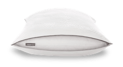 TEMPUR-protect pillow protector, unzipped to reveal pillow inside