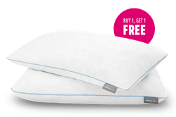 image of two TEMPUR-Cloud Adjustable pillows stacked on top of each other with a pink badge saying "buy one, get one free"