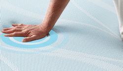 A hand touching the cooling cover on a Breeze mattress