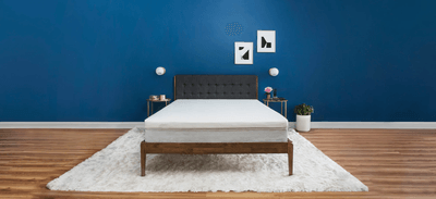 Tempur topper on mattress in room with blue wall and artwork