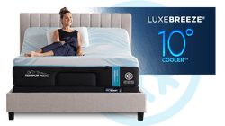 Woman relaxing on a LuxeBreeze mattress, with 10 degrees cooler graphic