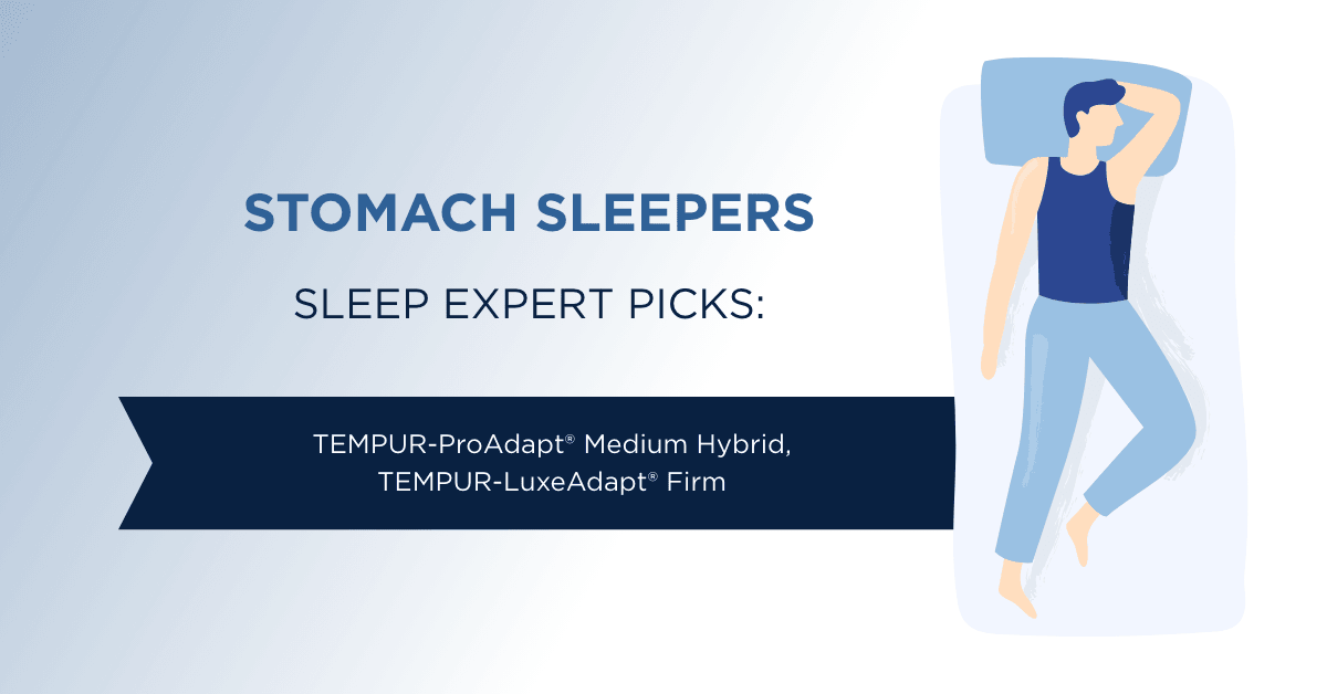 A graphic showing a stomach sleeper and best mattress models listed